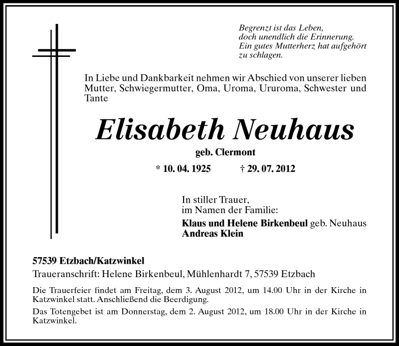 Traueranzeigen Von Elisabeth Neuhaus Rz Trauer De