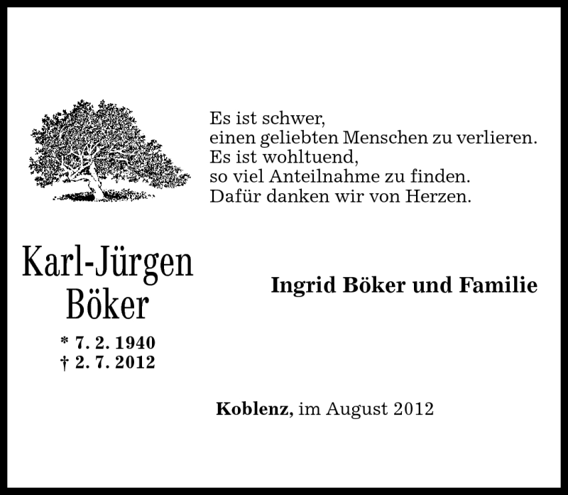 Traueranzeigen von Karl Jürgen Böker rz trauer de