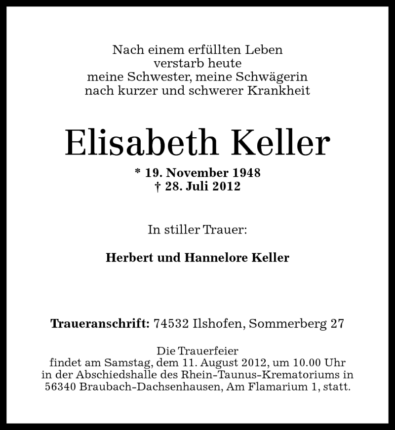 Traueranzeigen Von Elisabeth Keller Rz Trauer De