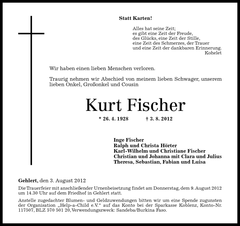 Traueranzeigen Von Kurt Fischer Rz Trauer De