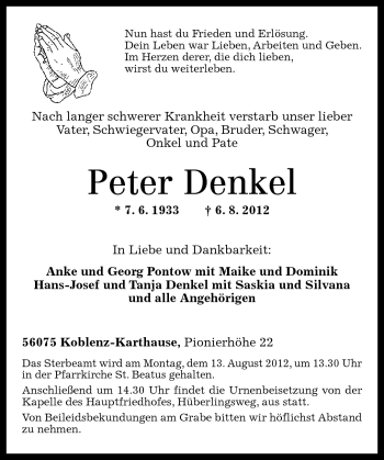 Traueranzeigen Von Peter Denkel Rz Trauer De