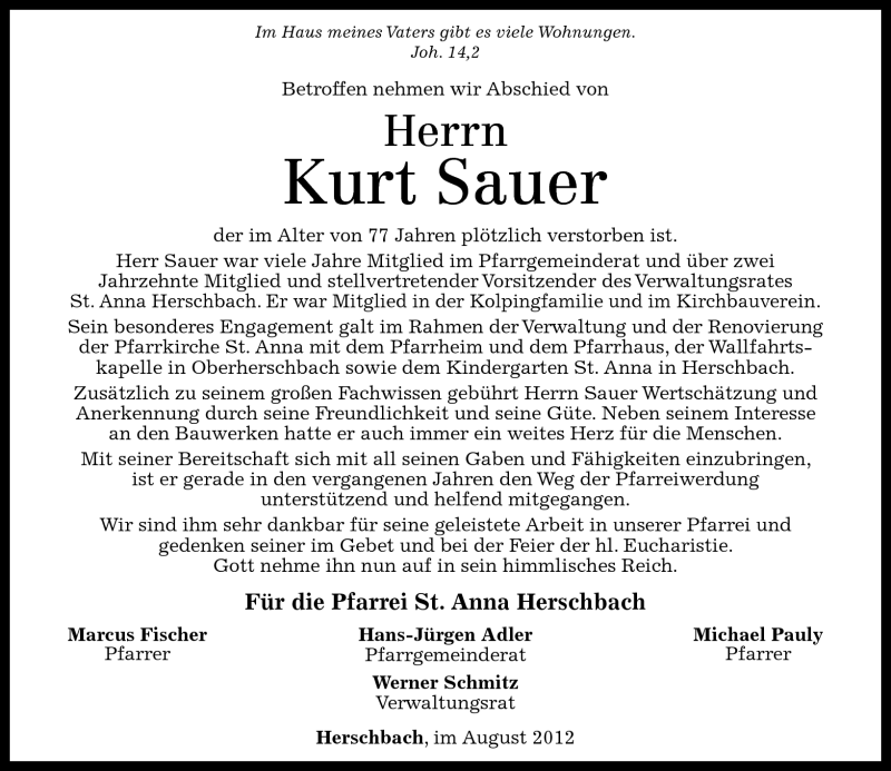 Traueranzeigen Von Kurt Sauer Rz Trauer De