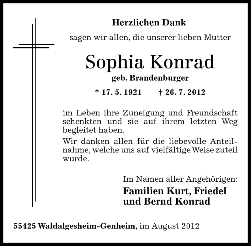 Traueranzeigen Von Sophia Konrad Rz Trauer De