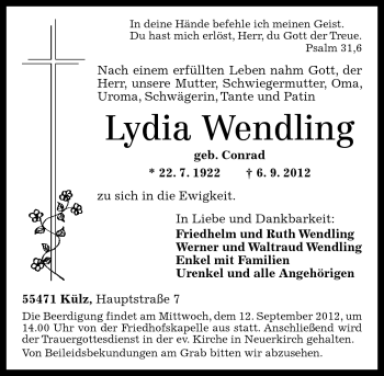 Traueranzeigen Von Lydia Wendling Rz Trauer De