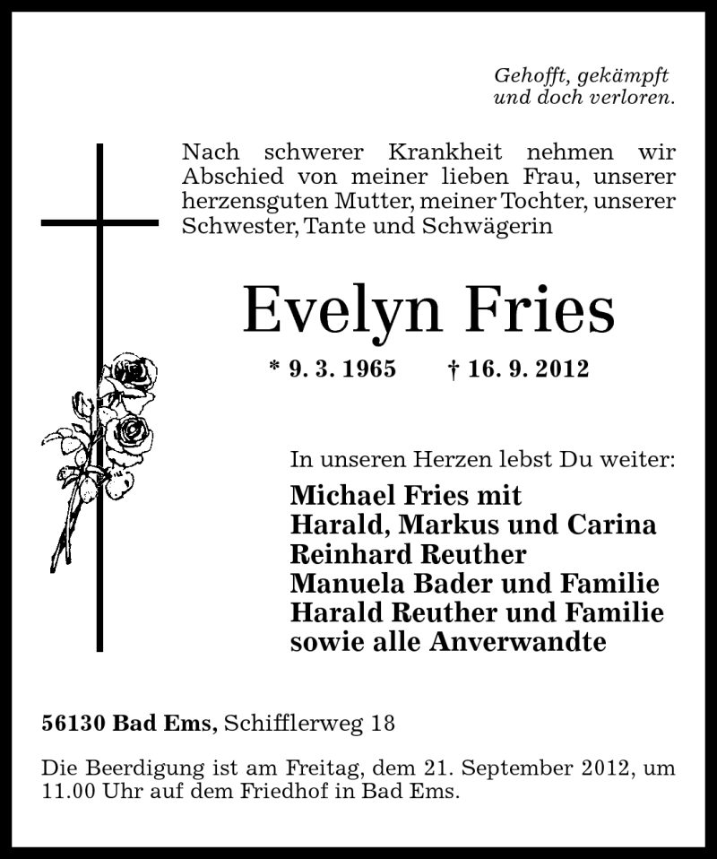 Traueranzeigen Von Evelyn Fries Rz Trauer De