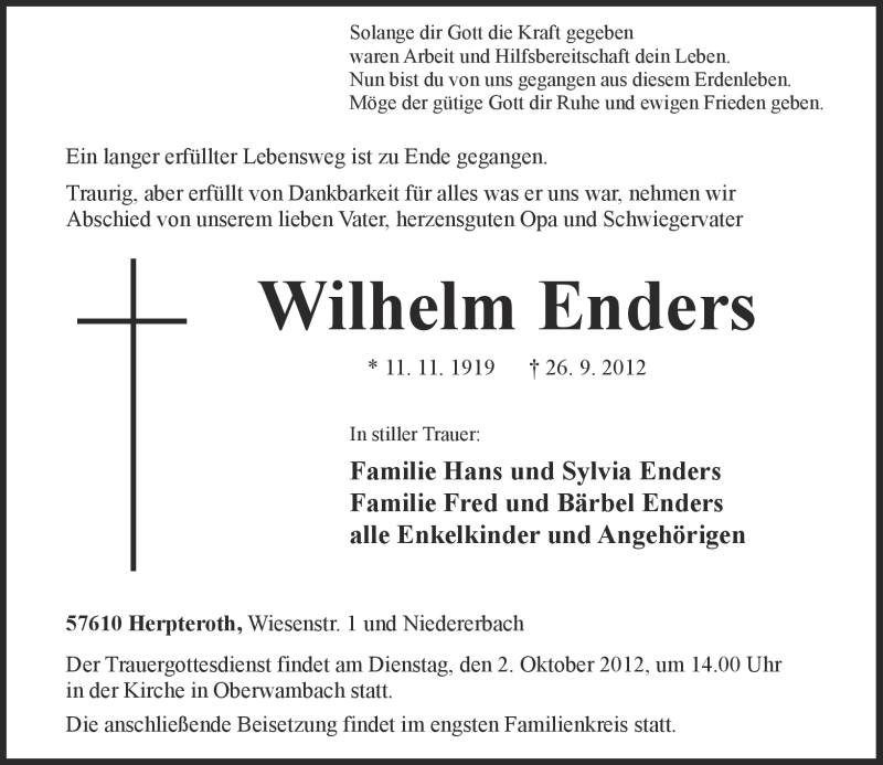 Traueranzeigen Von Wilhelm Enders Rz Trauer De