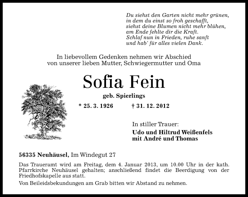 Traueranzeigen Von Sofia Fein Rz Trauer De