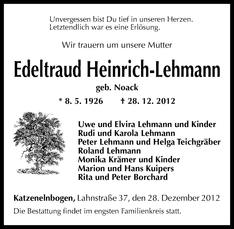 Traueranzeigen Von Edeltraud Heinrich Lehmann Rz Trauer De