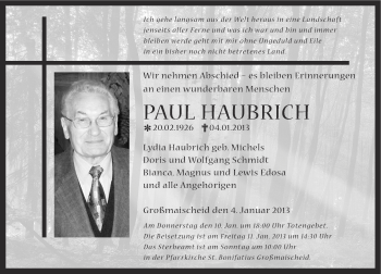 Traueranzeigen Von Paul Haubrich Rz Trauer De