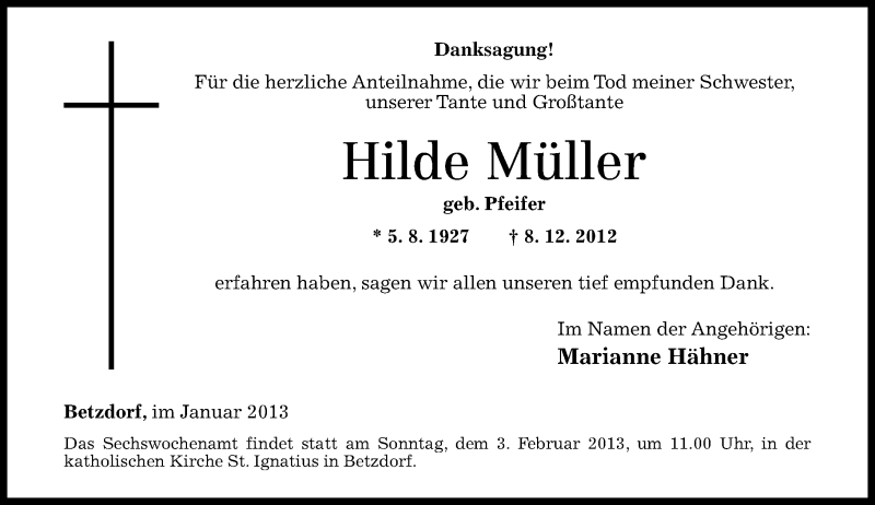 Traueranzeigen von Hilde Müller rz trauer de