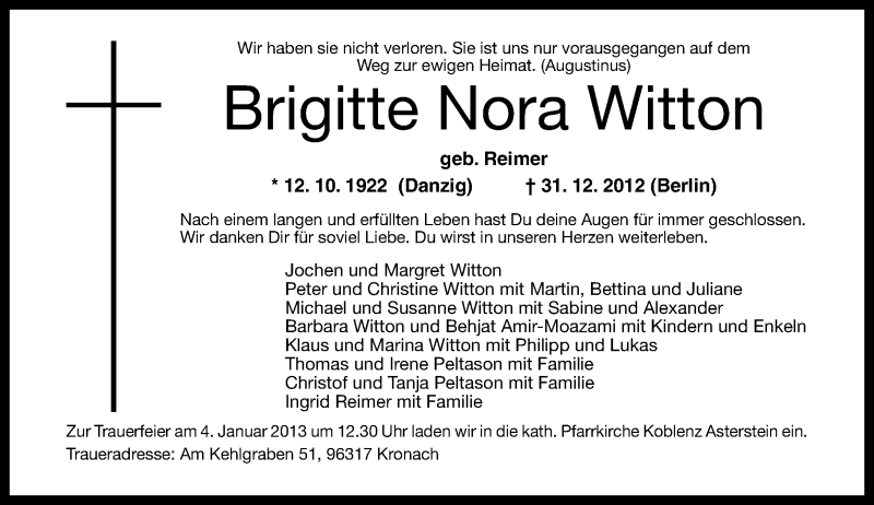 Traueranzeigen Von Brigitte Nora Witton Rz Trauer De