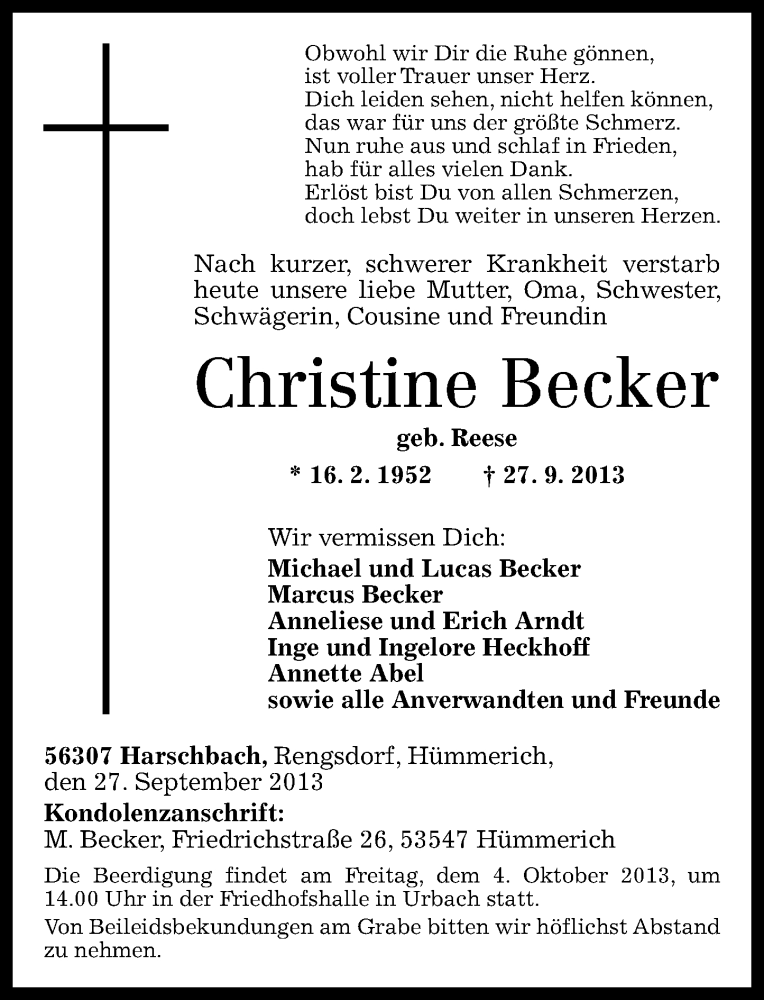 Traueranzeigen Von Christine Becker Rz Trauer De