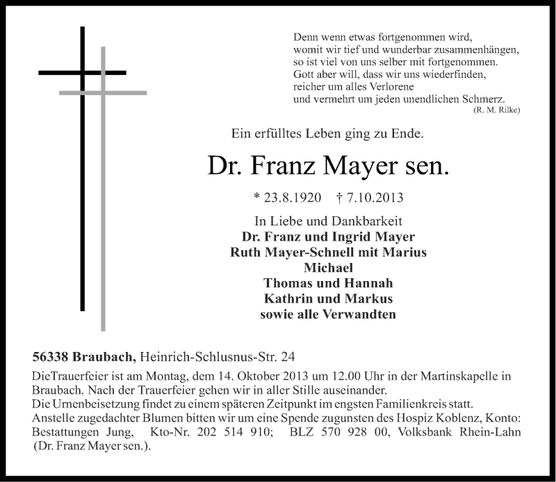 Traueranzeigen Von Franz Mayer Rz Trauer De