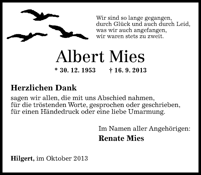 Traueranzeigen Von Albert Mies Rz Trauer De