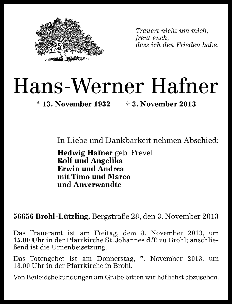 Traueranzeigen Von Hans Werner Hafner Rz Trauer De