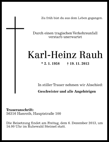 Traueranzeigen Von Karl Heinz Rauh Rz Trauer De