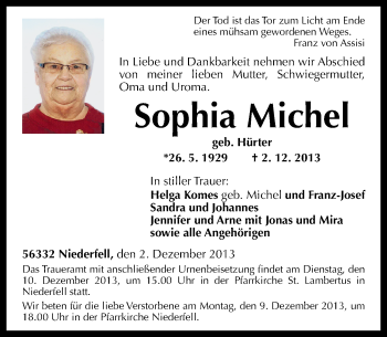 Traueranzeigen Von Michel Sophia Rz Trauer De