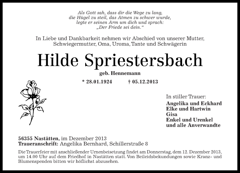 Traueranzeigen Von Hilde Spriestersbach Rz Trauer De