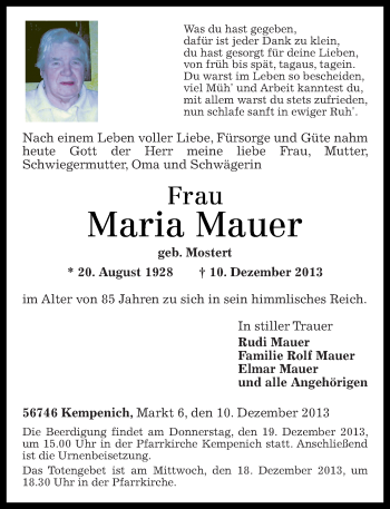 Traueranzeigen Von Maria Mauer Rz Trauer De