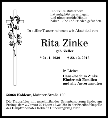 Traueranzeigen Von Rita Zinke Rz Trauer De