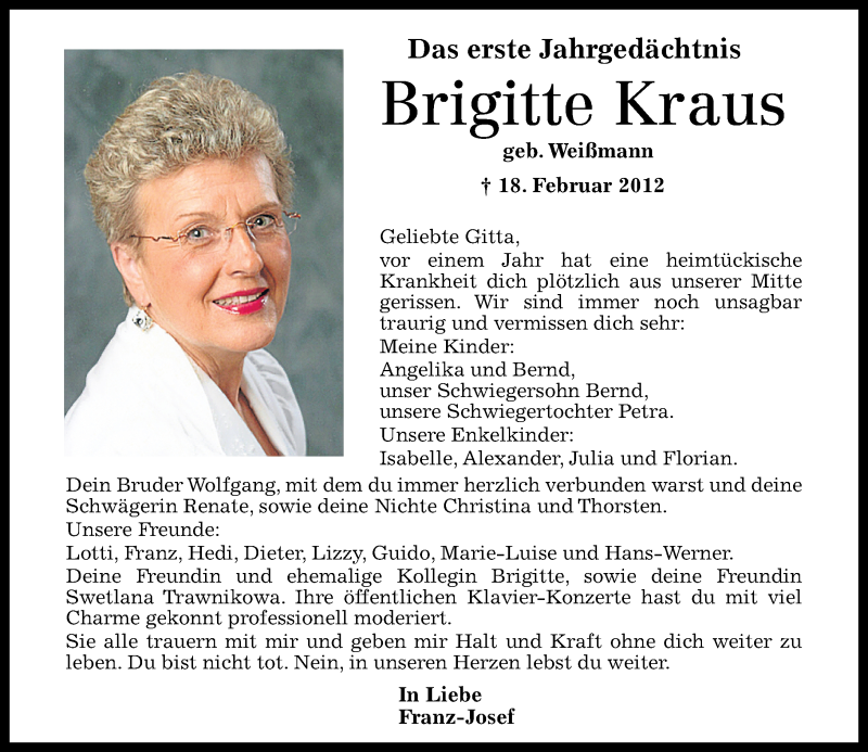 Traueranzeigen Von Brigitte Kraus Rz Trauer De