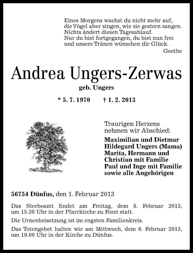 Traueranzeigen Von Andrea Ungers Zerwas Rz Trauer De