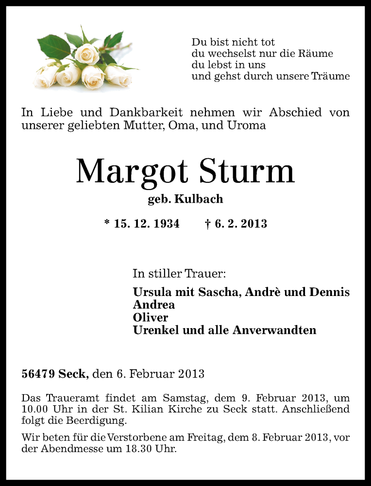 Traueranzeigen Von Margot Sturm Rz Trauer De