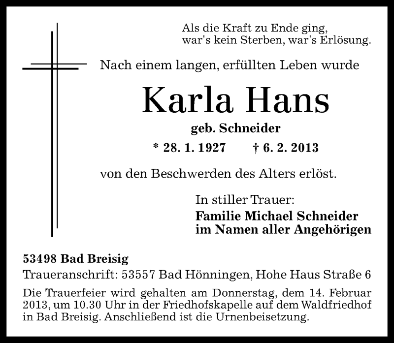 Traueranzeigen Von Karla Hans Rz Trauer De