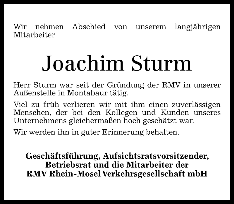 Traueranzeigen Von Joachim Sturm Rz Trauer De