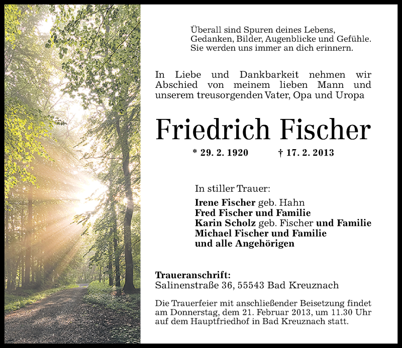 Traueranzeigen Von Friedrich Fischer Rz Trauer De