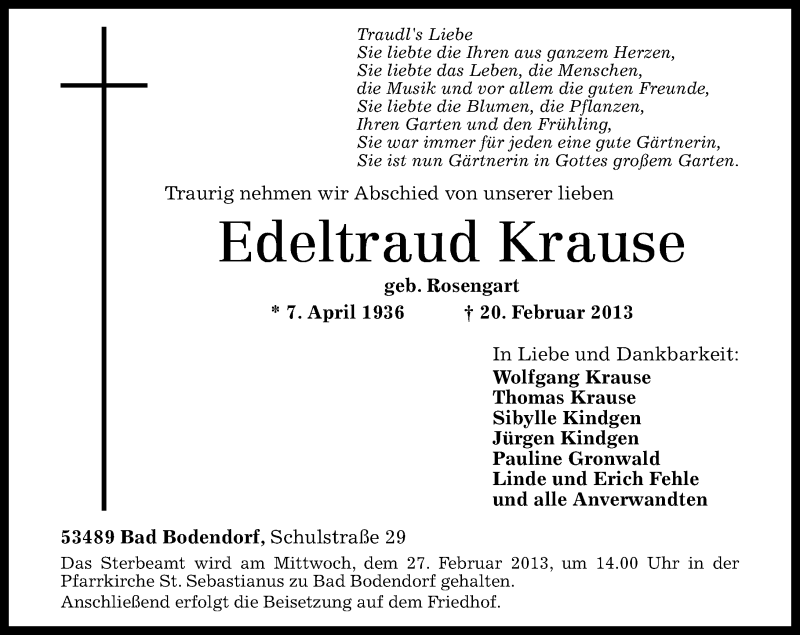 Traueranzeigen Von Edeltraud Krause Rz Trauer De