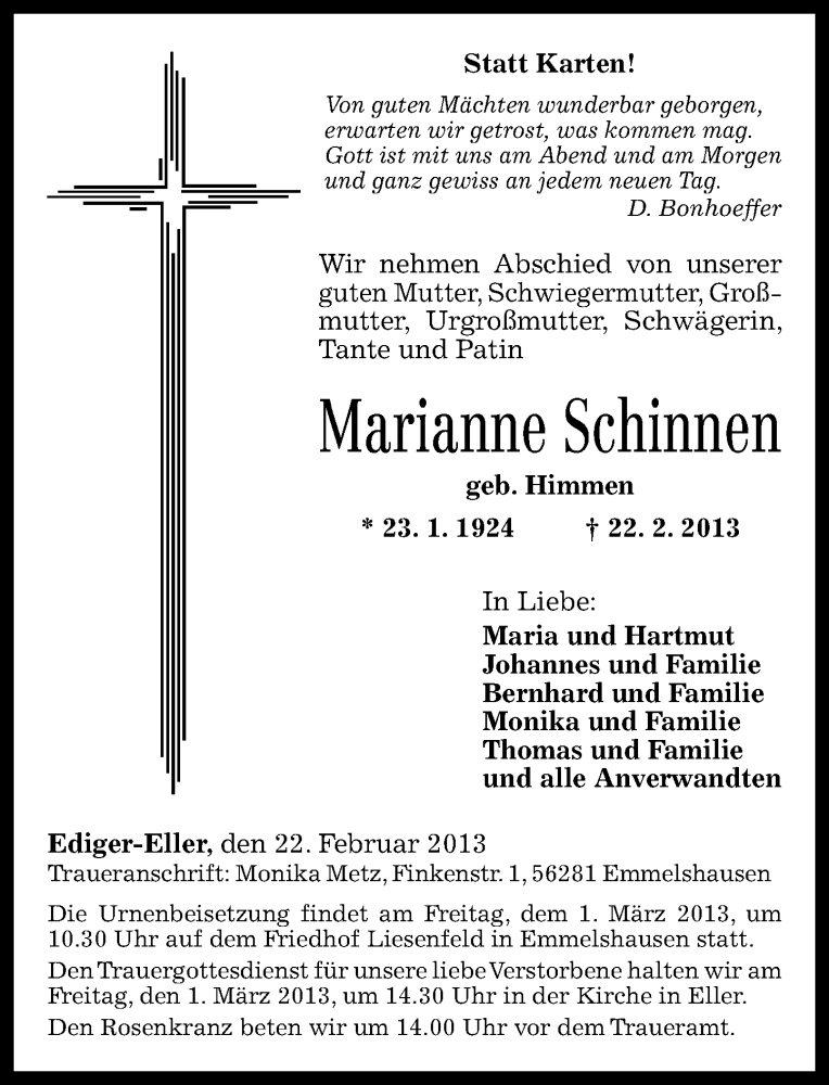 Traueranzeigen Von Marianne Schinnen Rz Trauer De