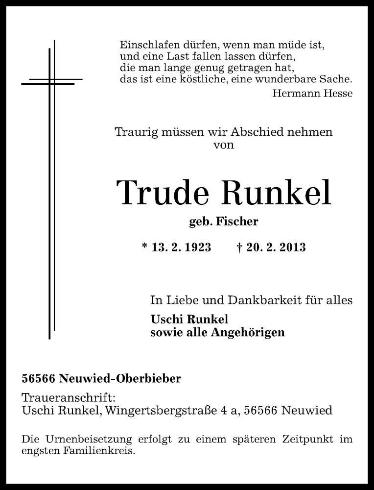 Traueranzeigen Von Trude Runkel Rz Trauer De