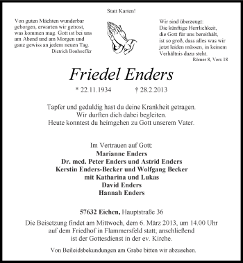 Traueranzeigen Von Friedel Enders Rz Trauer De