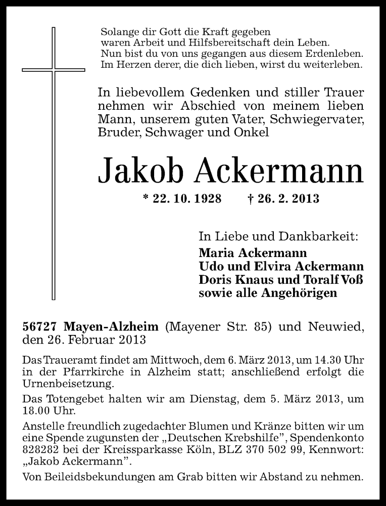 Traueranzeigen Von Jakob Ackermann Rz Trauer De