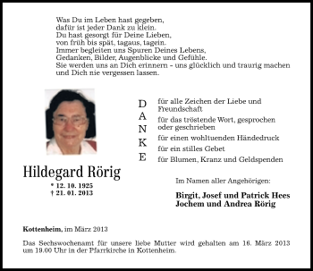 Traueranzeigen von Hildegard Rörig rz trauer de