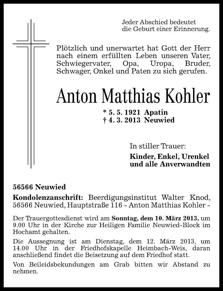 Traueranzeigen Von Anton Matthias Kohler Rz Trauer De