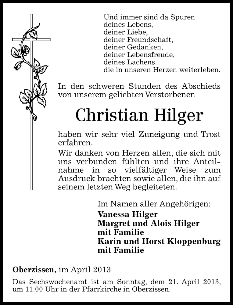 Traueranzeigen Von Christian Hilger Rz Trauer De