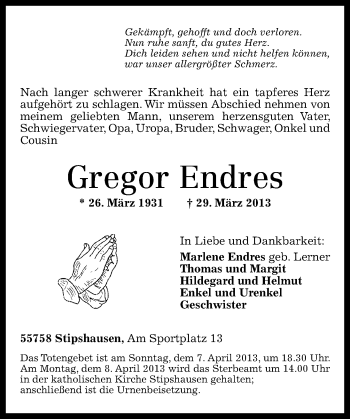 Traueranzeigen Von Gregor Endres Rz Trauer De