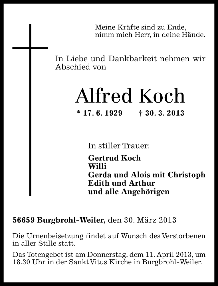 Traueranzeigen Von Alfred Koch Rz Trauer De