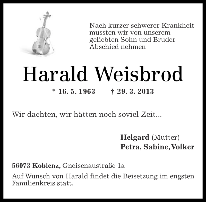 Traueranzeigen Von Harald Weisbrod Rz Trauer De