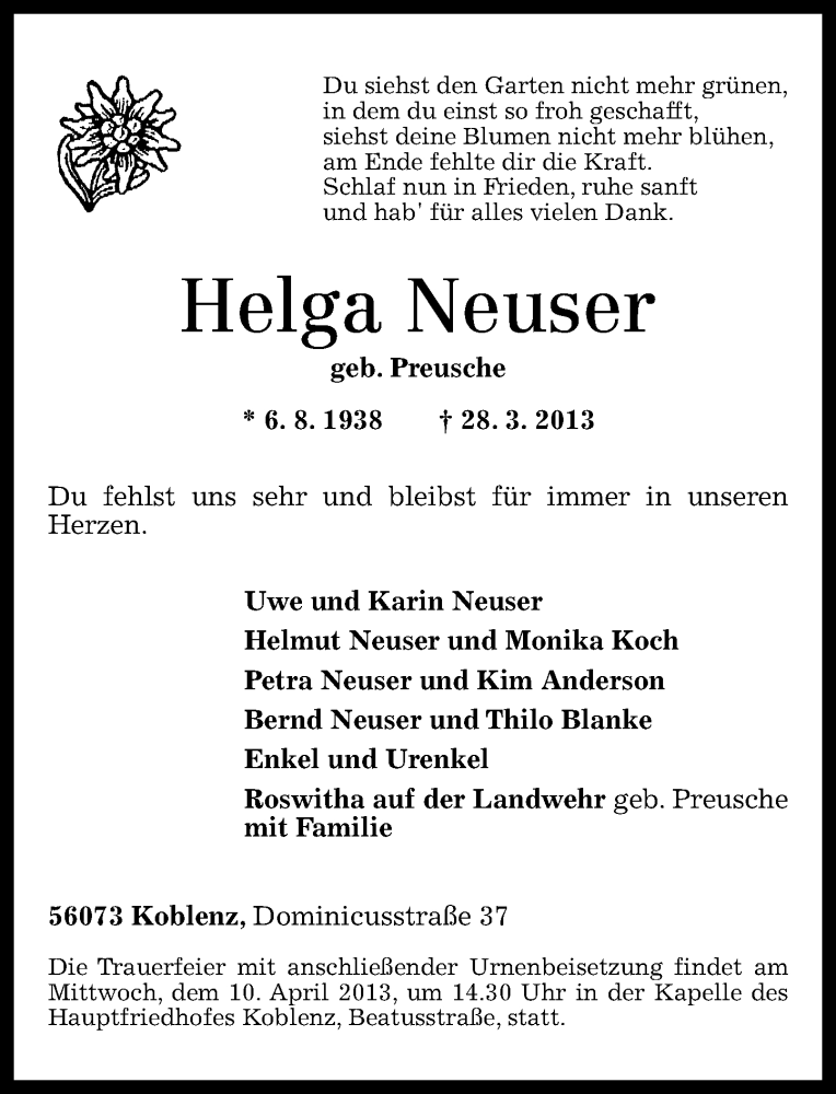 Traueranzeigen Von Helga Neuser Rz Trauer De