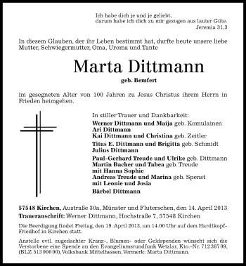 Traueranzeigen Von Marta Dittmann Rz Trauer De