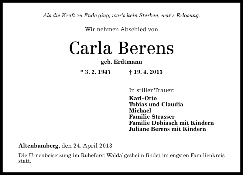 Traueranzeigen Von Carla Berens Rz Trauer De