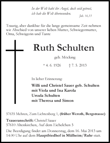 Traueranzeigen Von Ruth Schulten Rz Trauer De