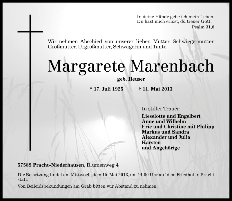 Traueranzeigen Von Margarete Marenbach Rz Trauer De