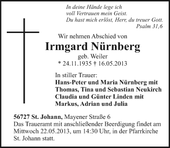 Traueranzeigen von Irmgard Nürnberg rz trauer de