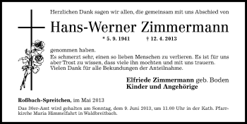 Traueranzeigen Von Hans Werner Zimmermann Rz Trauer De