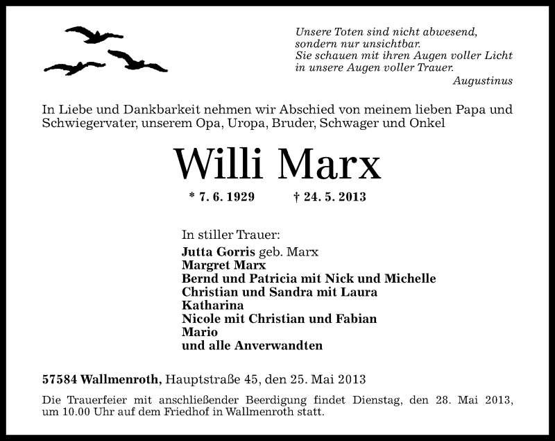 Traueranzeigen Von Willi Marx Rz Trauer De