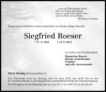 Traueranzeigen Von Siegfried Roeser Rz Trauer De